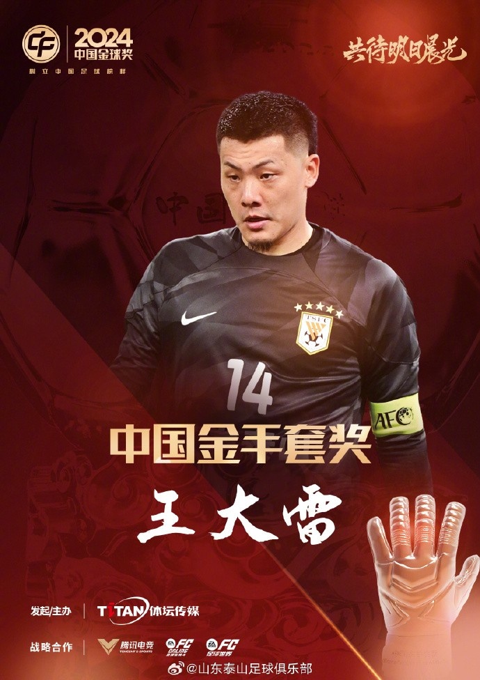  王大雷榮獲中國金手套獎，謝文能入選中國金球獎候選人前三名
