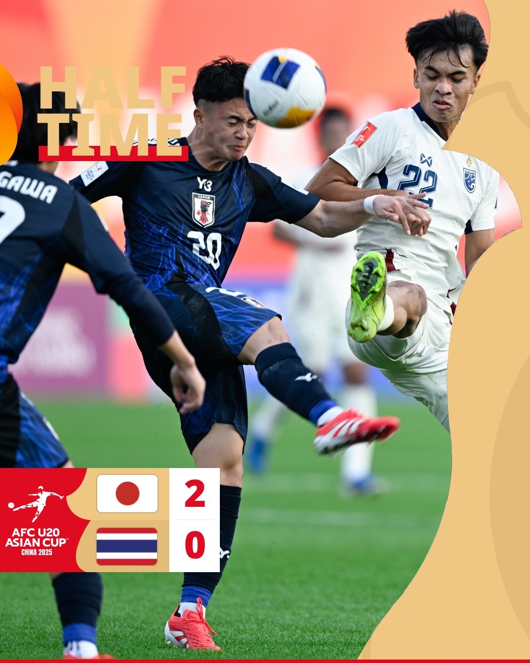  半場(chǎng)-日本U20 2-0領(lǐng)先泰國U20，石井久繼破門(mén)+中柱 泰國0射正