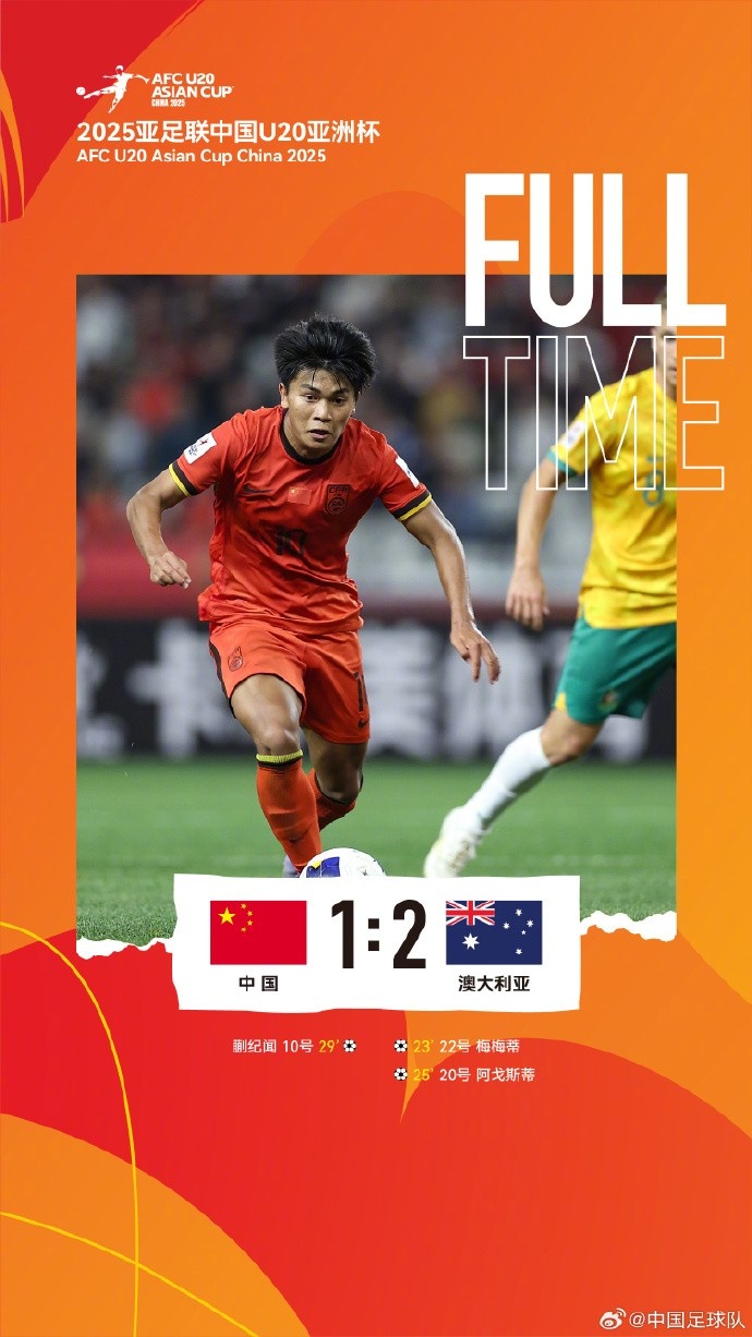  U20亞洲杯小組賽A組第三輪，中國隊1比2負于澳大利亞隊