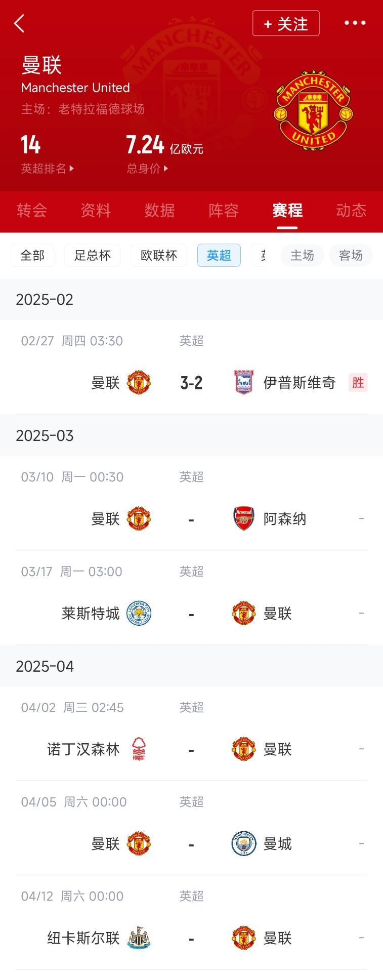  藍狐救一下？曼聯(lián)未來(lái)5輪將遭遇英超2/3/4/6名：槍手森林曼城紐卡